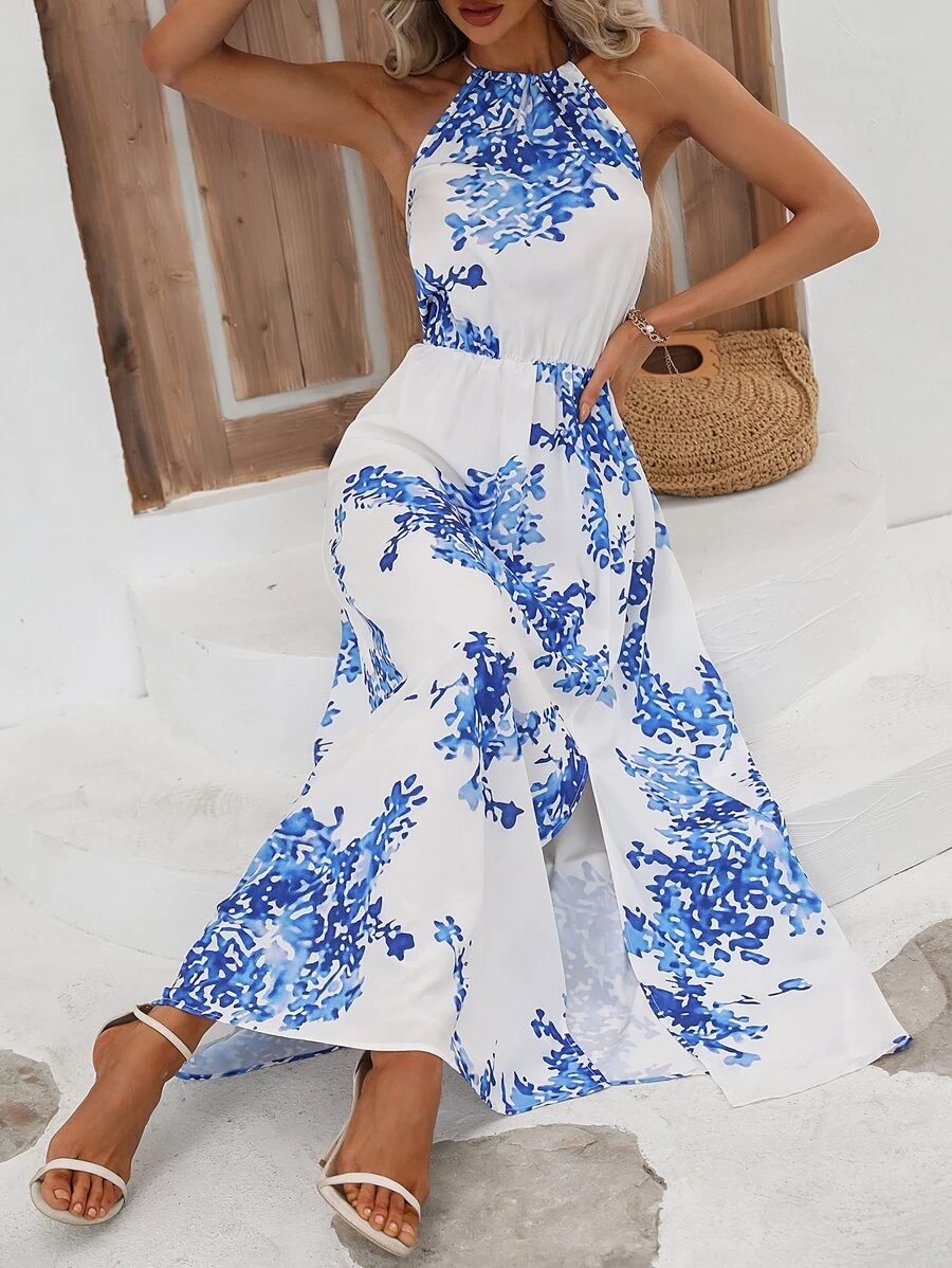 SHEIN VCAY Floral Print Split Thigh Halter Neck Dress - Blue and White - View 1