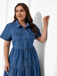 SHEIN Vestido mezclilla con bolsillo con solapa bajo con fruncido - Azul lavado medio - Ver 5