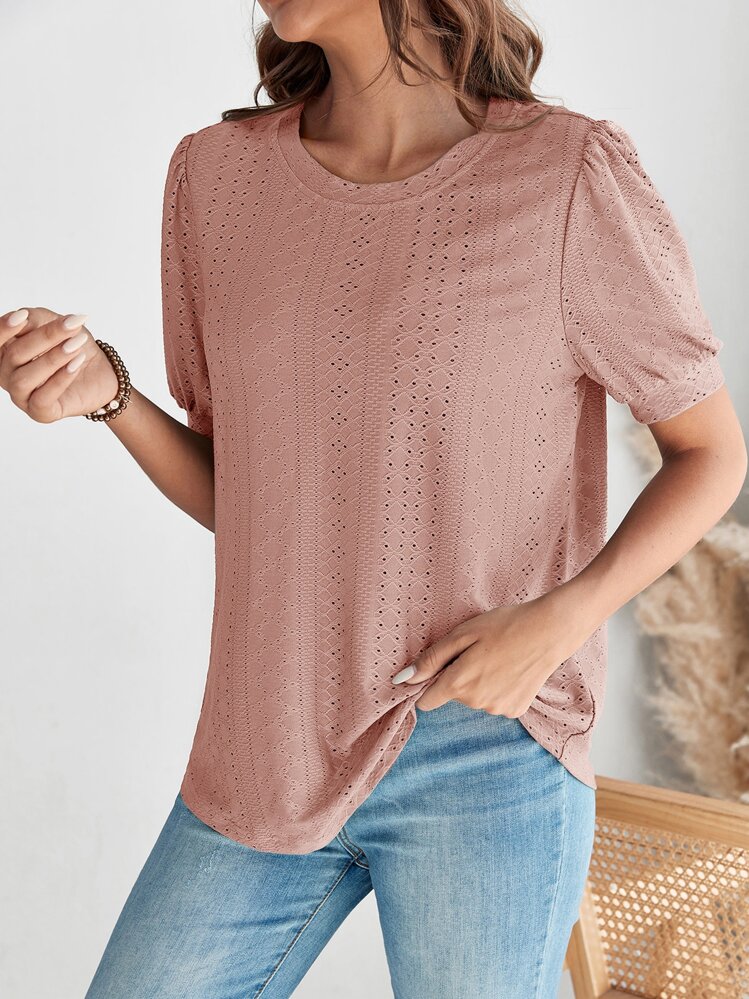 SHEIN LUNE Solid Eyelet Embroidery Tee - Dusty Pink - View 3