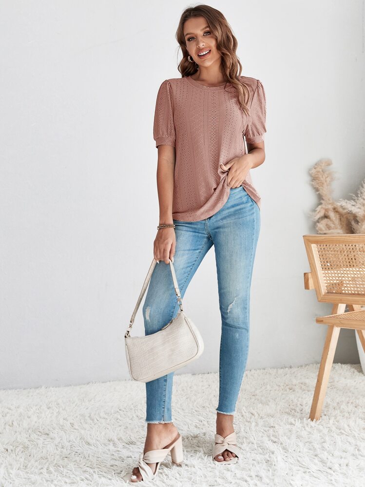 SHEIN LUNE Solid Eyelet Embroidery Tee - Dusty Pink - View 4