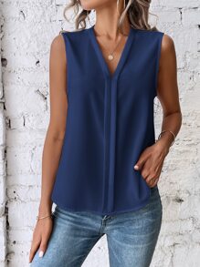 SHEIN LUNE Solid Sleeveless Blouse - Navy Blue - View 5