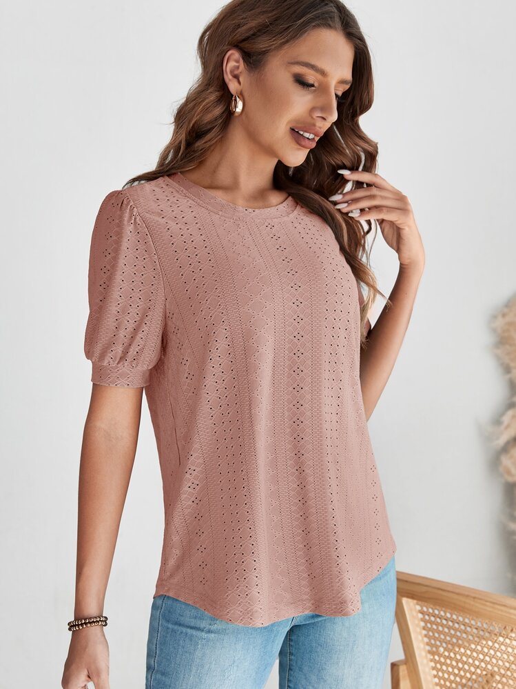 SHEIN LUNE Solid Eyelet Embroidery Tee - Dusty Pink - View 5