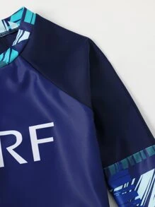 Boys Tropical Print Zipper Back High Neck One Piece Swimsuit - Navy Blue - View 5