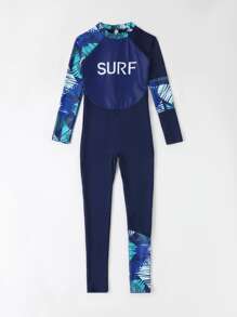 Boys Tropical Print Zipper Back High Neck One Piece Swimsuit - Navy Blue - View 7