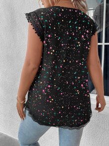 SHEIN LUNE Camiseta gráfica de mujer con estampado de estrella y detalles de encaje en contraste, de talla grande - Negro - Ver 2
