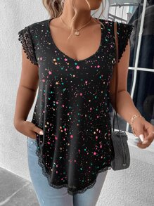 SHEIN LUNE Camiseta gráfica de mujer con estampado de estrella y detalles de encaje en contraste, de talla grande - Negro - Ver 3