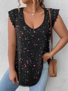 SHEIN LUNE Camiseta gráfica de mujer con estampado de estrella y detalles de encaje en contraste, de talla grande - Negro - Ver 1