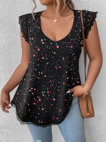 SHEIN LUNE Camiseta gráfica de mujer con estampado de estrella y detalles de encaje en contraste, de talla grande - Negro - Ver 6