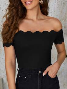 SHEIN Clasi 一字肩貝殼邊素色T恤 - 黑色 - 查看 3