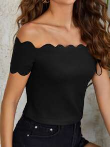 SHEIN Clasi 一字肩貝殼邊素色T恤 - 黑色 - 查看 4