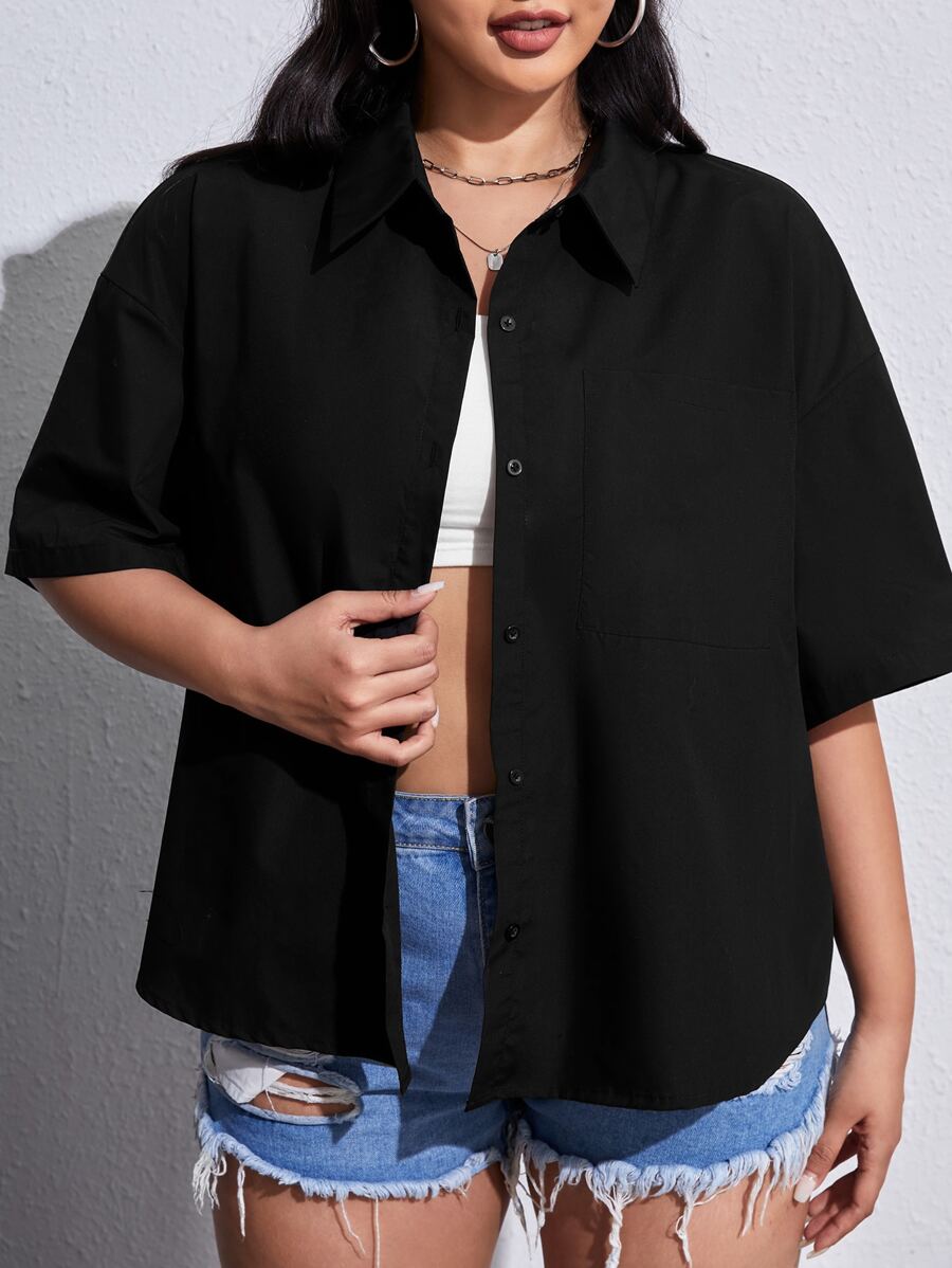 SHEIN EZwear Plus Drop Shoulder Button Front Shirt - Black - View 1