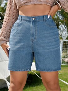 SHEIN Essnce Plus High Waist Denim Shorts, Mom Shorts - Medium Wash - View 1