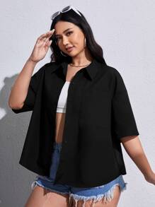 SHEIN EZwear Plus Drop Shoulder Button Front Shirt - Black - View 3