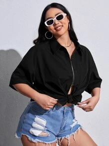 SHEIN EZwear Plus Drop Shoulder Button Front Shirt - Black - View 4