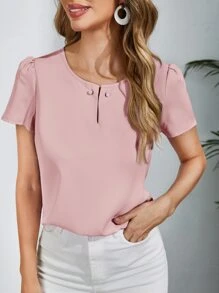 SHEIN Clasi Áo sơ mi nữ Nút màu trơn Giải trí - Bụi hồng - Xem 1