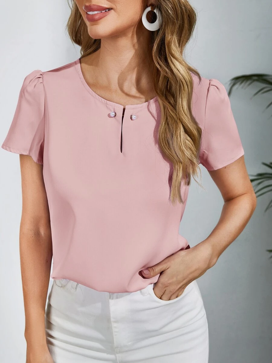 SHEIN Clasi Áo sơ mi nữ Nút màu trơn Giải trí - Bụi hồng - Xem 1