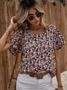 SHEIN Clasi Áo sơ mi nữ phân lớp Họa tiết hoa Boho - màu đen - Xem 1
