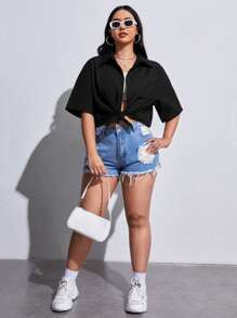 SHEIN EZwear Plus Drop Shoulder Button Front Shirt - Black - View 5