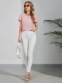 SHEIN Clasi Áo sơ mi nữ Nút màu trơn Giải trí - Bụi hồng - Xem 5