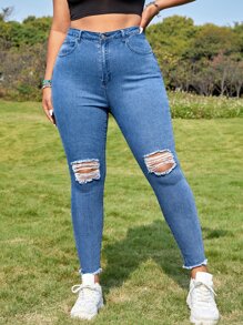 SHEIN EZwear Jeans ajustados de talle alto desgarro ribete sin dobladillo - Azul lavado medio - Ver 1