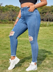 SHEIN EZwear Jeans ajustados de talle alto desgarro ribete sin dobladillo - Azul lavado medio - Ver 3