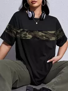 SHEIN EZwear 加大对比迷彩印花 T 恤，夏季