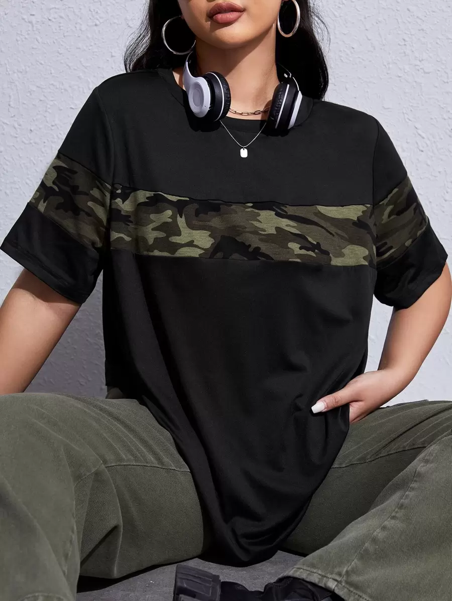 SHEIN EZwear 加大对比迷彩印花 T 恤，夏季