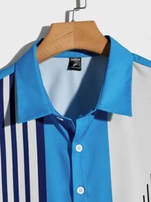 Manfinity Homme Men Striped Print Shirt Short Sleeve Button Up Collar Graphic Stripe Color Block Blue Vacation Shirt - Blue - View 3