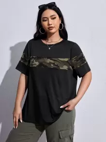 SHEIN EZwear 加大对比迷彩印花 T 恤，夏季