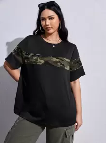 SHEIN EZwear 加大对比迷彩印花 T 恤，夏季