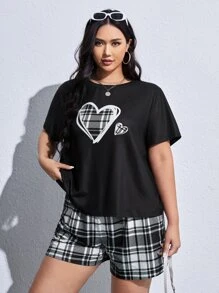 SHEIN EZwear 大碼愛心圖案T恤和格紋短褲 - 黑與白 - 查看 3