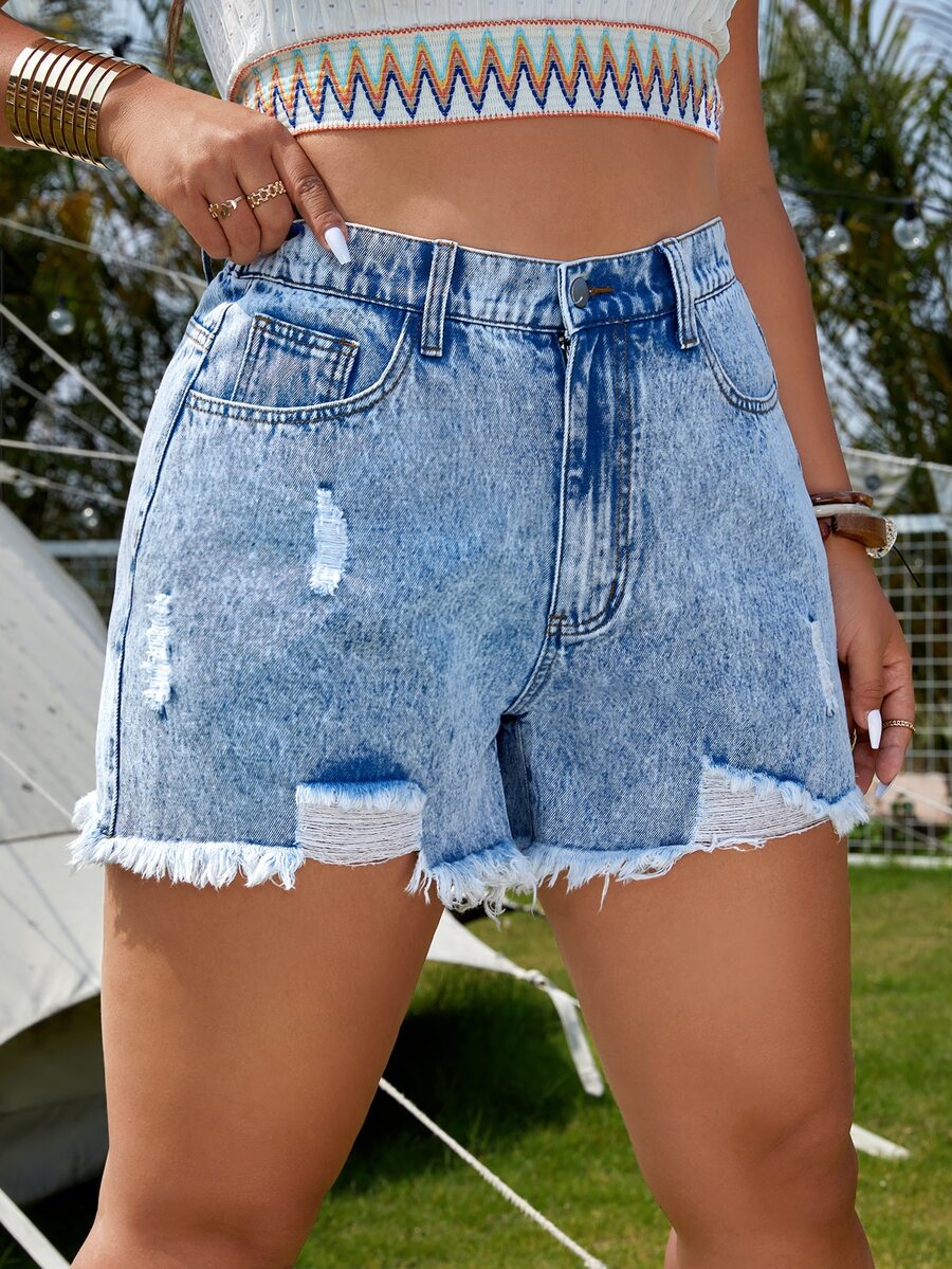 SHEIN VCAY Plus Ripped Raw Hem Denim Shorts - Light Wash - View 1