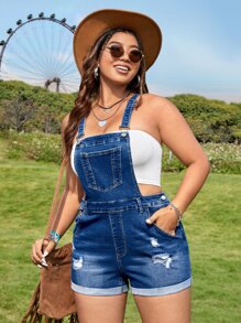 SHEIN VCAY Quần áo denim có kích thước lớn Nút Túi Bị tách màu trơn Giải trí - Rửa tối - Xem 1