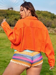 SHEIN VCAY Áo Jacket Denim Plus Size Túi Bị tách Nút phía trước Hem thô màu trơn Giải trí - Màu Cam cháy - Xem 2