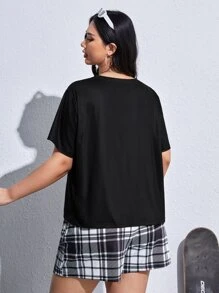SHEIN EZwear 大碼愛心圖案T恤和格紋短褲 - 黑與白 - 查看 4