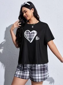 SHEIN EZwear 大碼愛心圖案T恤和格紋短褲 - 黑與白 - 查看 5