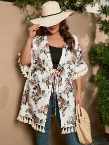 SHEIN VCAY Plus Floral Print Tassel Trim Drawstring Waist Kimono - Multicolor - View 1