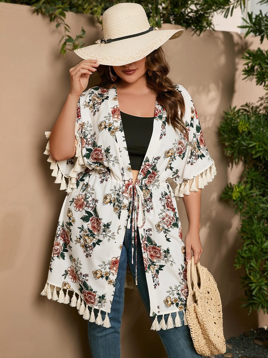SHEIN VCAY Plus Floral Print Tassel Trim Drawstring Waist Kimono - Multicolor - View 1