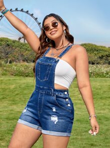 SHEIN VCAY Quần áo denim có kích thước lớn Nút Túi Bị tách màu trơn Giải trí - Rửa tối - Xem 3