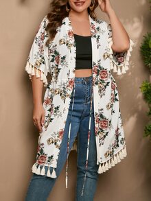 SHEIN VCAY Plus Floral Print Tassel Trim Drawstring Waist Kimono - Multicolor - View 4