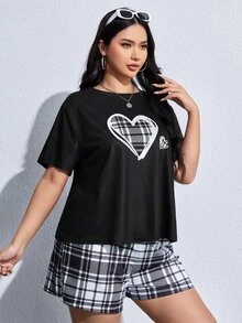 SHEIN EZwear 大碼愛心圖案T恤和格紋短褲 - 黑與白 - 查看 6