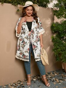 SHEIN VCAY Plus Floral Print Tassel Trim Drawstring Waist Kimono - Multicolor - View 5