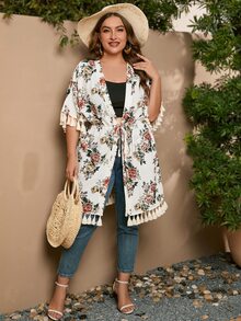 SHEIN VCAY Plus Floral Print Tassel Trim Drawstring Waist Kimono - Multicolor - View 6
