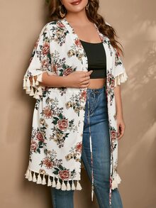 SHEIN VCAY Plus Floral Print Tassel Trim Drawstring Waist Kimono - Multicolor - View 7