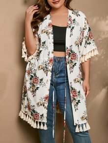 SHEIN VCAY Plus Floral Print Tassel Trim Drawstring Waist Kimono - Multicolor - View 3