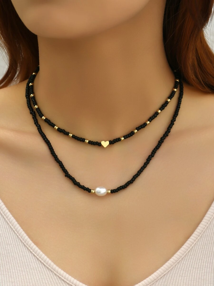 2 piezas Collar con cuenta con adorno de corazón - Negro - Ver 1