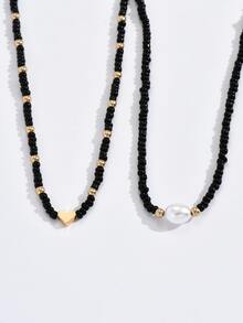 2 piezas Collar con cuenta con adorno de corazón - Negro - Ver 3