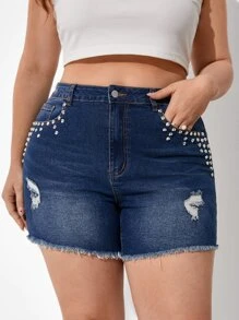 Quần short denim oversized Túi Hem thô Bị tách Đúc Dây kéo màu trơn - Rửa tối - Xem 1