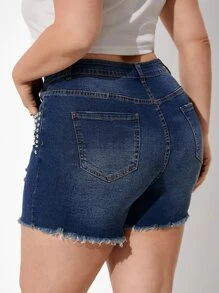 Quần short denim oversized Túi Hem thô Bị tách Đúc Dây kéo màu trơn - Rửa tối - Xem 2
