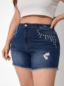 Quần short denim oversized Túi Hem thô Bị tách Đúc Dây kéo màu trơn - Rửa tối - Xem 3